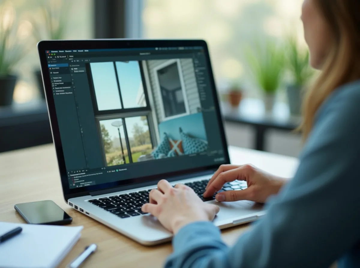 Person reviewing window repair photographs on a laptop at a desk