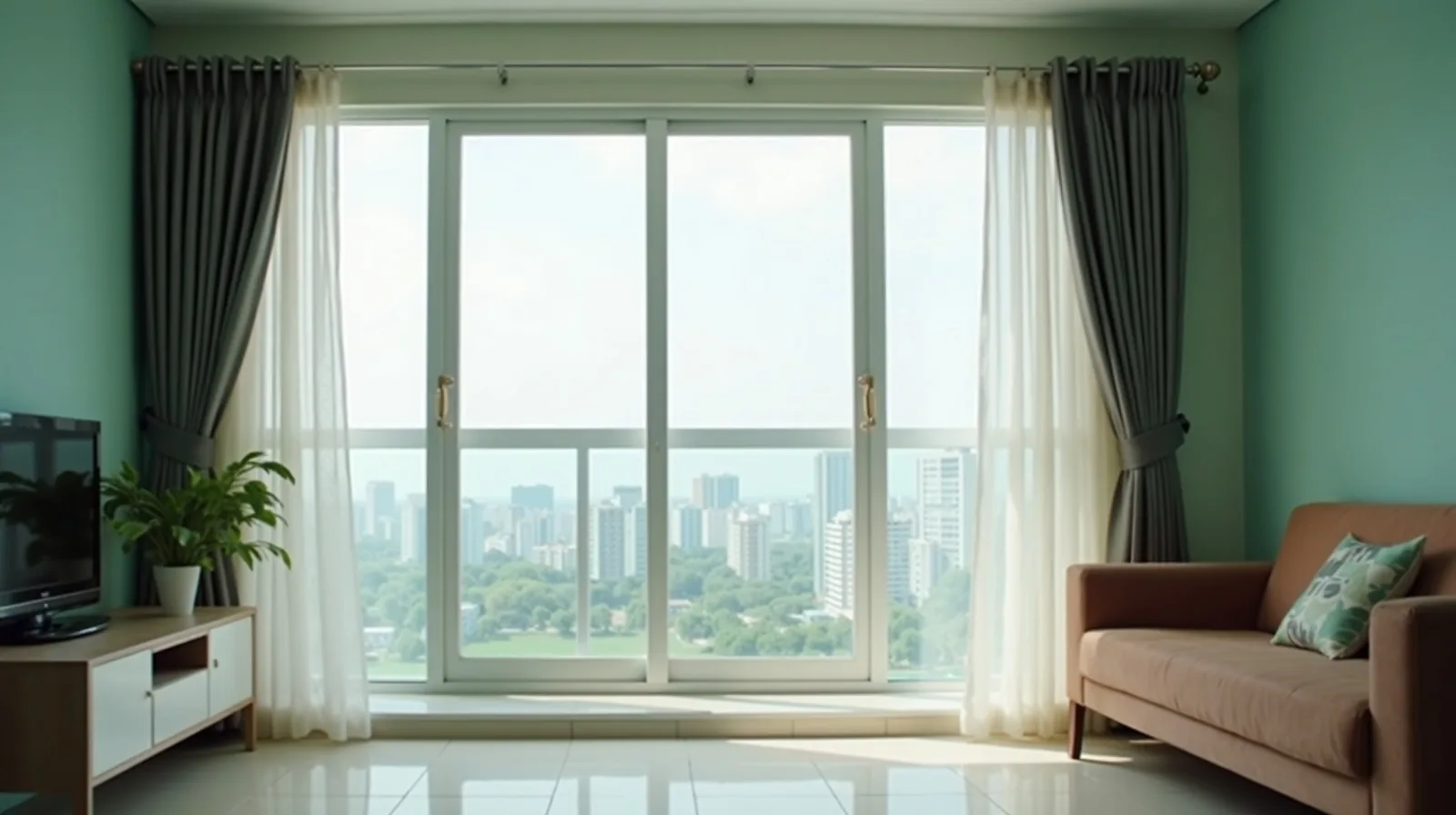 Living room of a Singapore flat with a large clean white aluminium sliding window fully open