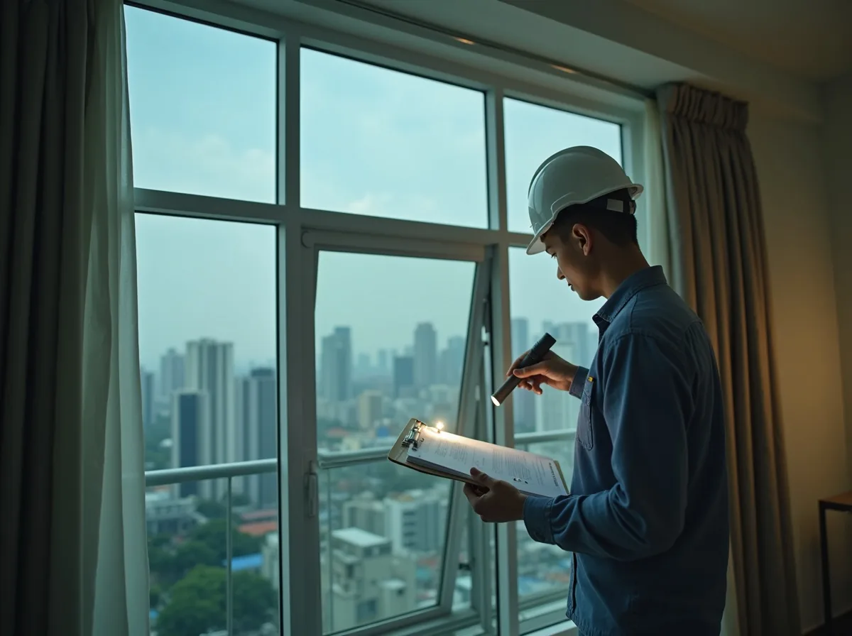 Contractor with a clipboard inspecting the fixings of a large aluminium window frame