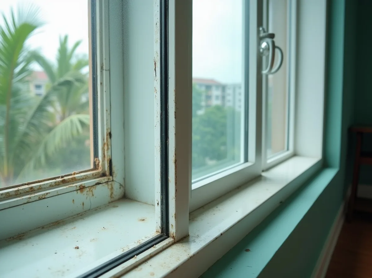 An old oxidised aluminium window frame beside a clean newly installed white aluminium window