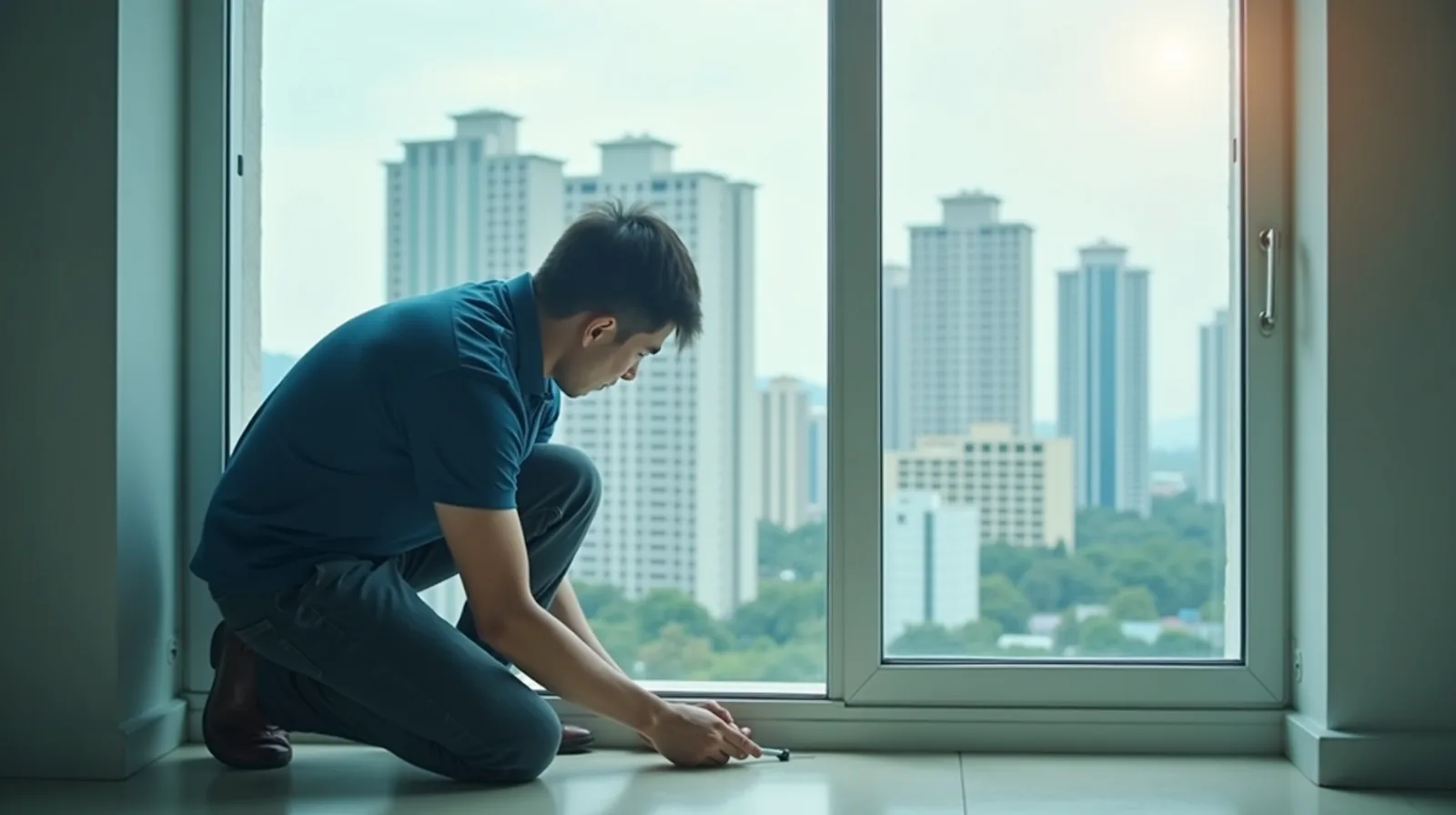 Technician kneeling at the base of a large aluminium window in a Singapore high-rise flat, working on the frame at sill level