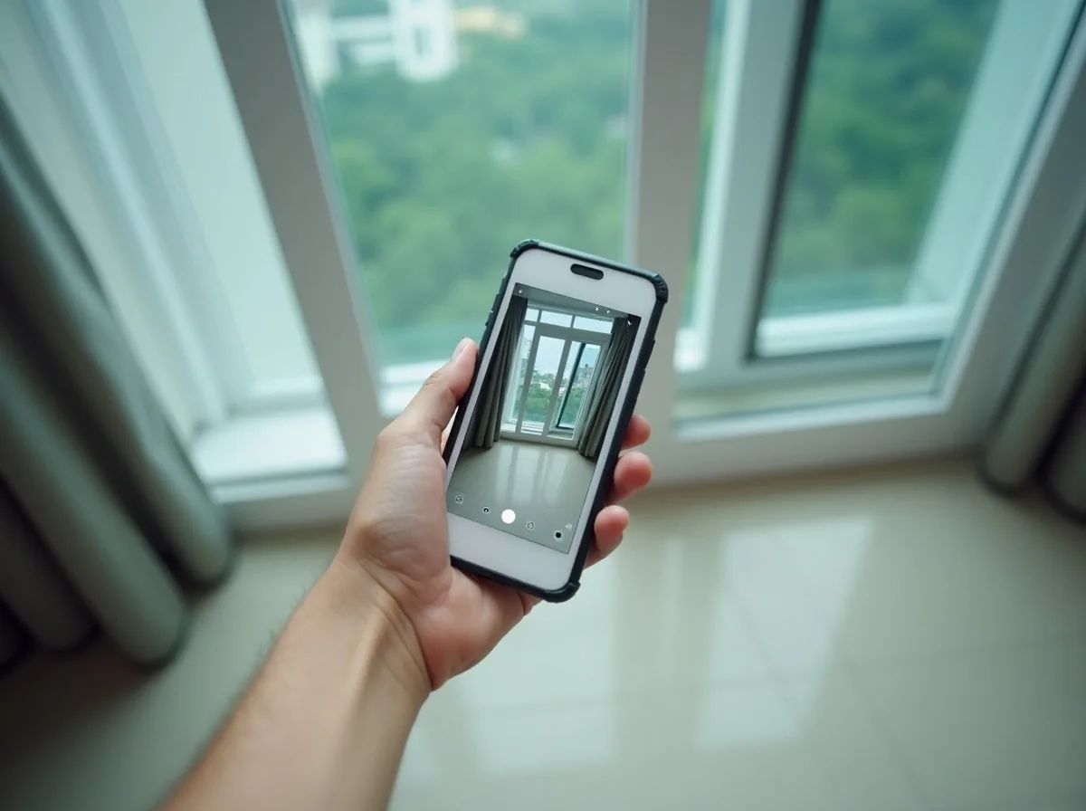 Person photographing an aluminium window latch on a smartphone to send for a repair quotation