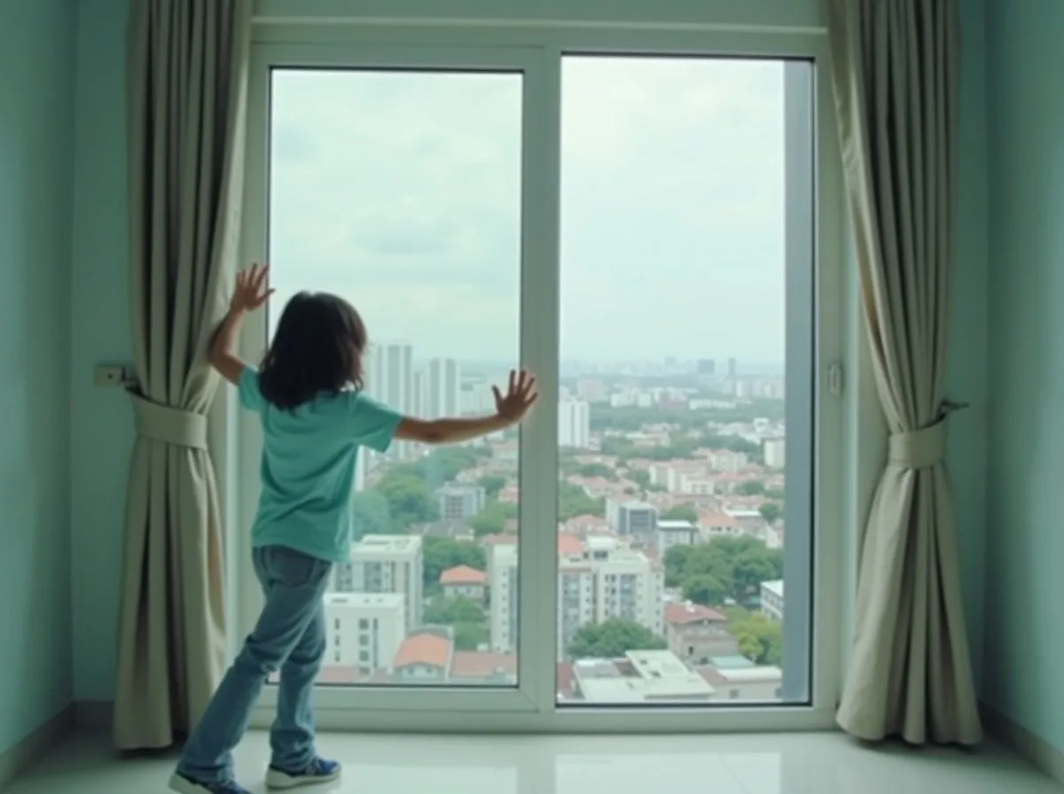 Person pushing a stubborn aluminium sliding window panel with both hands