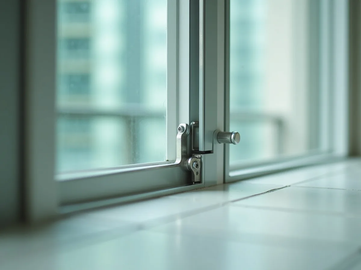 Stainless steel friction stay hinge arm along the edge of an open aluminium casement window
