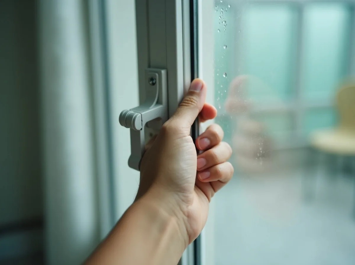 Hand gripping a worn aluminium casement window handle on a white window frame