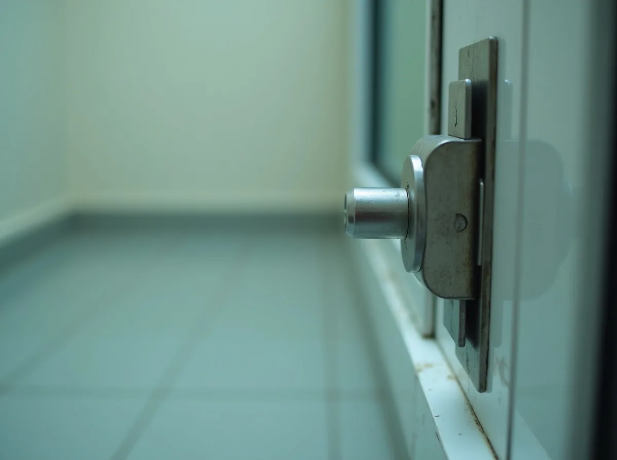 Stainless steel hinge on a white aluminium casement window frame, partially open