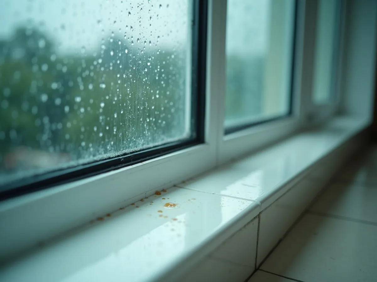 Water droplets and a wet stain on the inner sill of an aluminium window during heavy rain