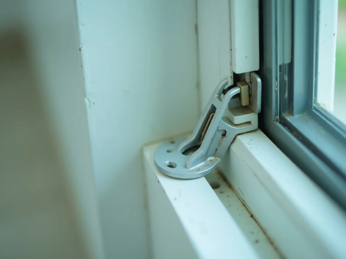 Close-up of an aluminium window lock and latch mechanism with a metal keeper plate