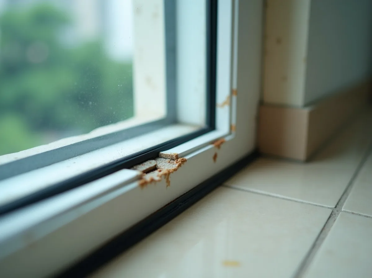 Cracked black rubber gasket seal lifting from the corner of a white aluminium window frame