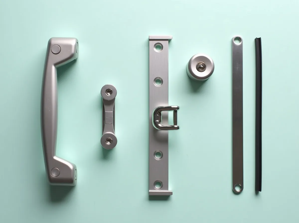 Aluminium window repair parts laid out: handle, roller, friction stay, rubber gasket and latch plate